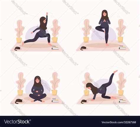 Collection Arab Pregnant Women Doing Yoga Having Vector Image