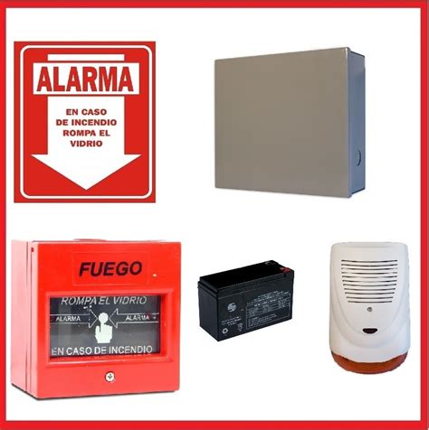Kit Alarma Contra Incendio Ups Bateria Pulsador Sirena Con Luz Cartel De Alarma