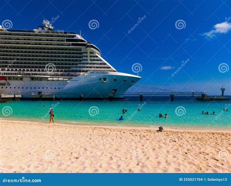 Msc Seashore Cruise Ship Docked At Tropical Island Ocean Cay Bahamas