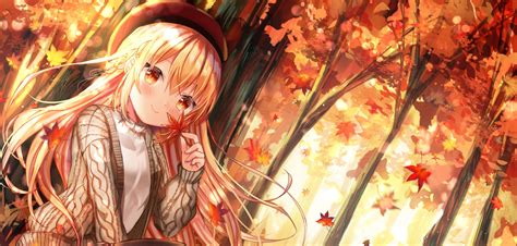 Download 4066x1940 Pretty Anime Girl Autumn Sitting Trees Fall