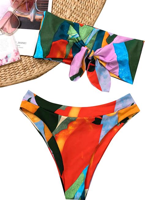 Shein Womens Graphic Swimsuit Bikini Set Knot High Waist Bathing Suit Swimwear Amazonca