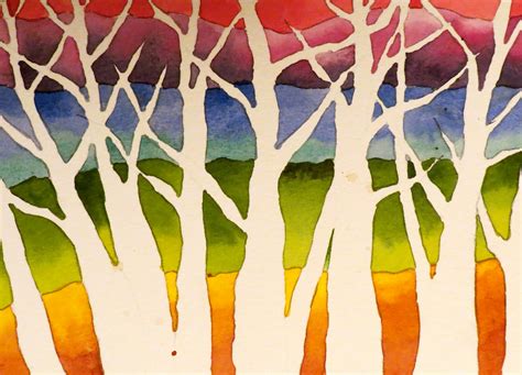 Add small dollops of paint in the order of a rainbow outlining the trees you sketched earlier. The Painted Prism: 5 WATERCOLOR TECHNIQUES for TREES