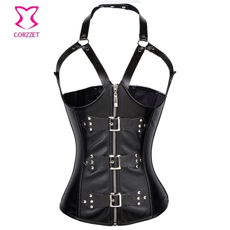 Punk Black Faux Leather Halter Cupless Sexy Corsets And Bustiers