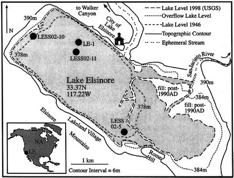 Lake Elsinore Map With Various Relevant Contours Present Day Position