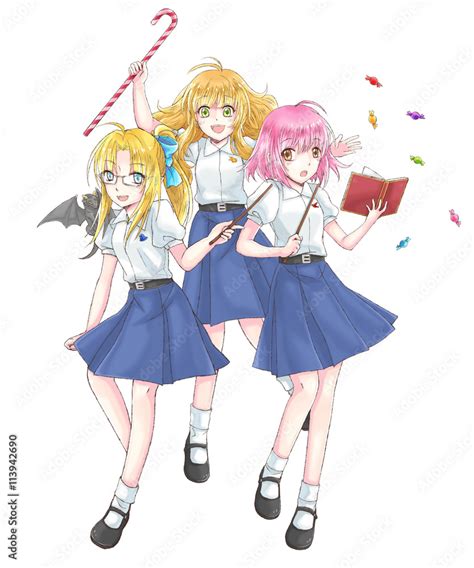 Cartoon Illustration Group Of Cute Modern Schoolgirl Fantasy Witch