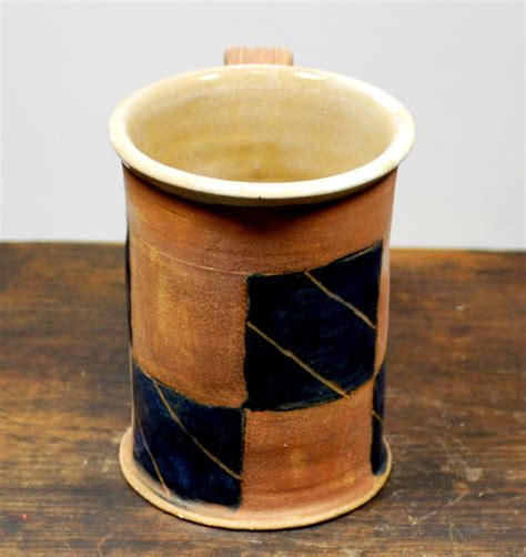 Ceramic Rustic Naked Clay Mug With Square Cobalt Blue Design Etsy