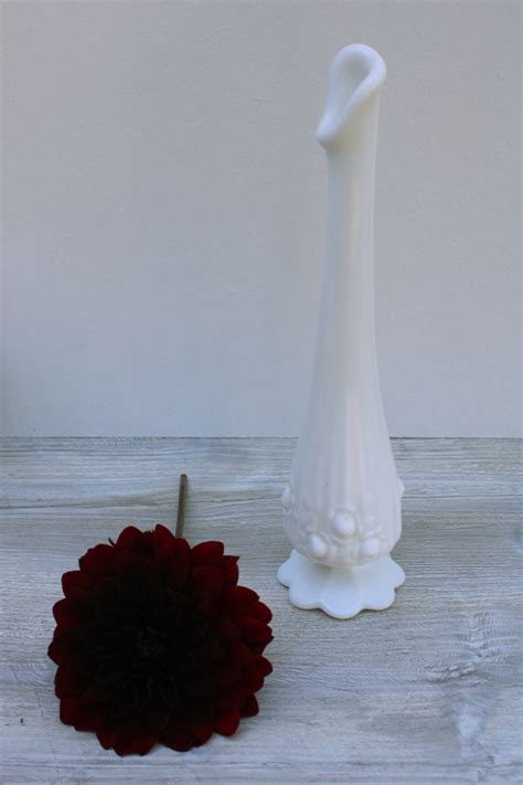 Vintage Fenton Rose Pattern Milk Glass Bud Vase Tall Swung Shape Vase