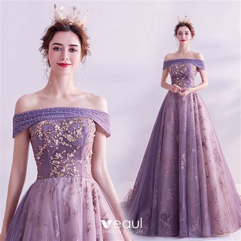 Charming Purple Prom Dresses 2020 A Line Princess Off The Shoulder Glitter Beading Pearl