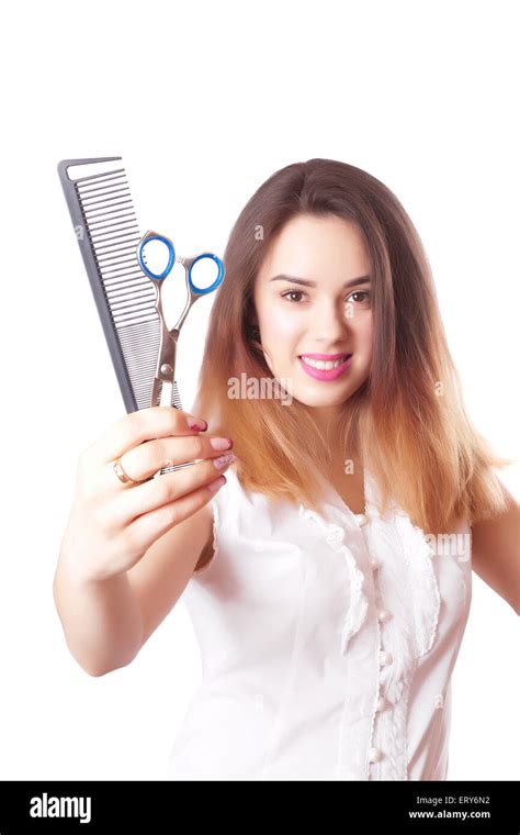 Cute Girl Hairdresser With Scissors And Comb Isolated On White Stock