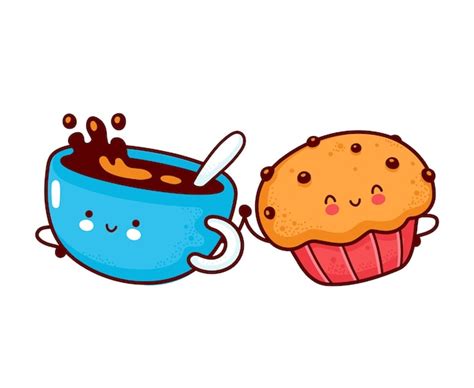 premium vector cute happy coffee mug and muffin cake flat line cartoon kawaii character icon