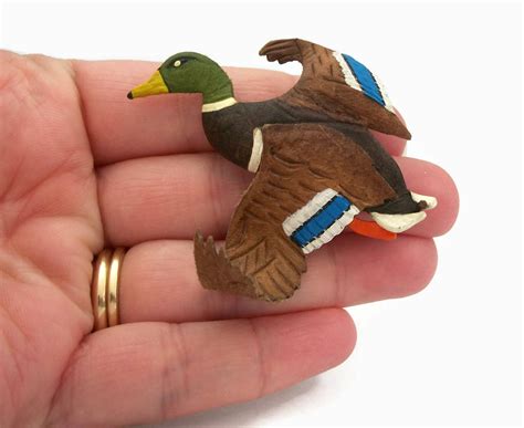Vintage Leather Mallard Duck Brooch Hand Tooled Hand Painted Leather