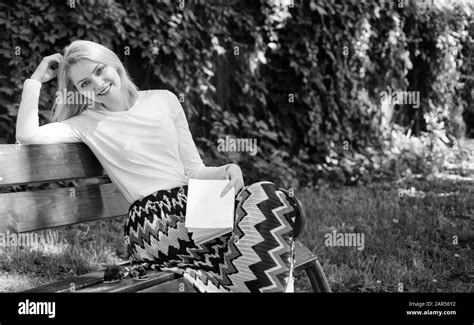 Woman Happy Smiling Blonde Take Break Relaxing In Garden Reading Poetry Lady Enjoy Poetry In