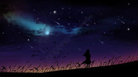 Fantasy Starry Meteor Shower Girl Wishing Hand Drawn Illustration