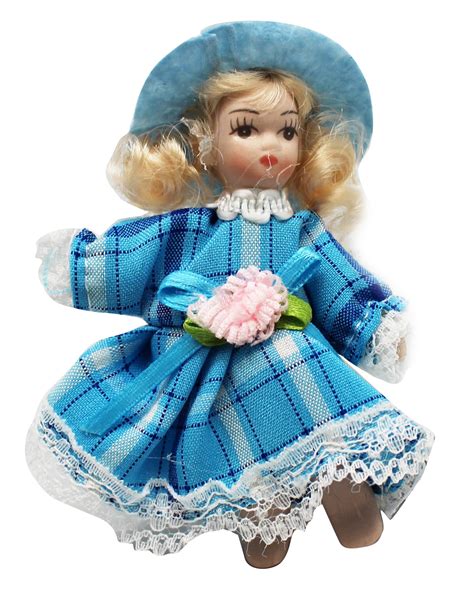 Miniature Porcelain Doll With Light Blue Dress And Blond Hair By Ganz
