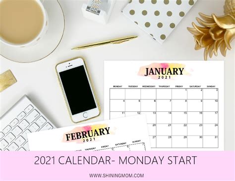 Pretty Printable 2021 Calendar Monday Start