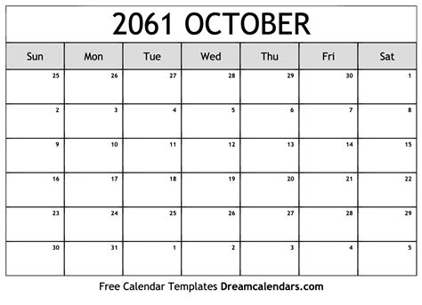 October 2061 Calendar Free Blank Printable With Holidays