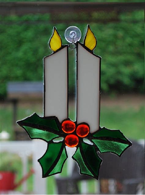 Christmas Candles With Holly Sun Catcher Etsy In 2020 Stained Glass Christmas Stained Glass