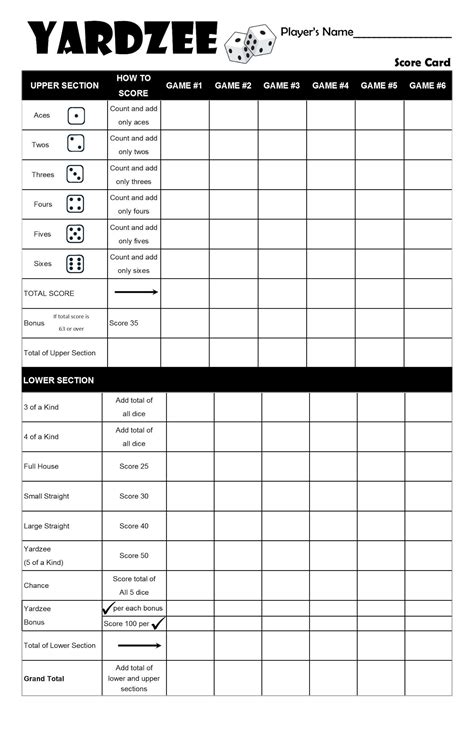 Printable Yardzee Yahtzee Laminated Score Sheet Scorecards With Rules