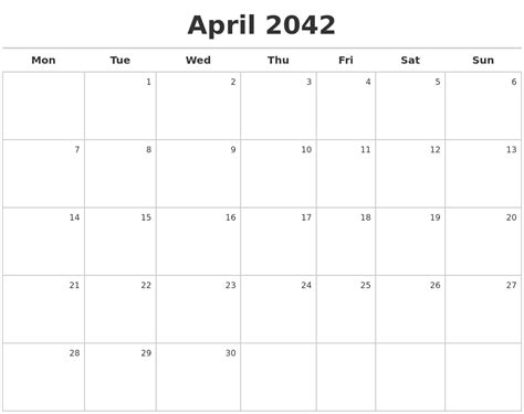 April 2042 Calendar Maker