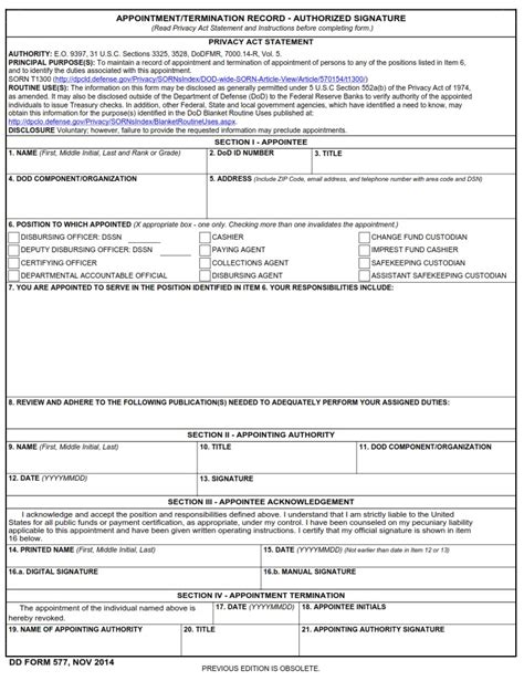 Dd Form 577 Appointmenttermination Record Authorized Signature