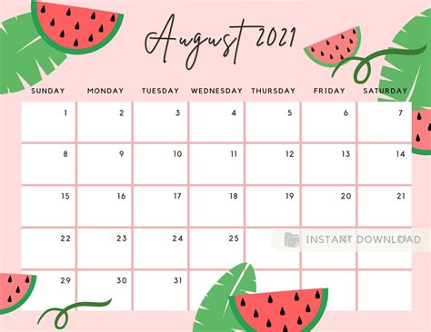 August 2022 Calendar Cute Summer Tropical Leaves & Watermelon - Etsy ...