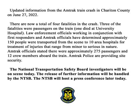 MSHP Troop B on Twitter: ">> Updated information from the Amtrak train
