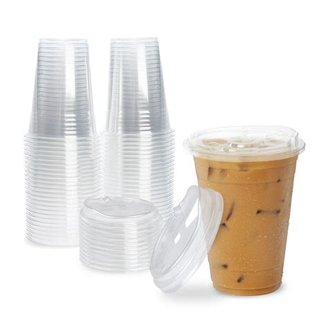 50 Pack Disposable Strawless Plastic Cups With Lids 16 Oz Clear