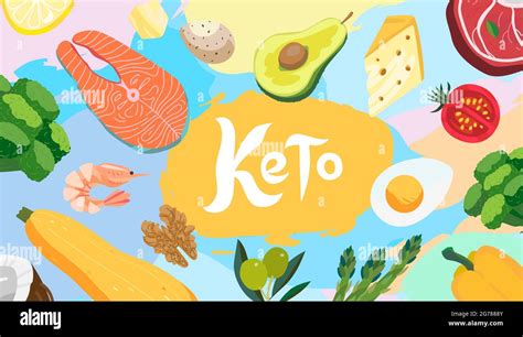 Ketogenic Diet Food Banner Illustration Healthy Keto Food Egg Avocado Broccoli Asparagus