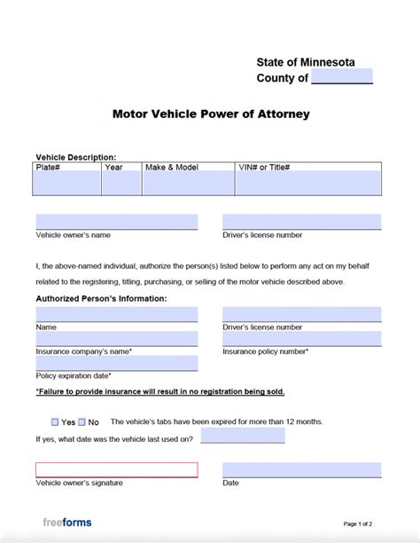 Free Minnesota Motor Vehicle Power Of Attorney Form Pdf