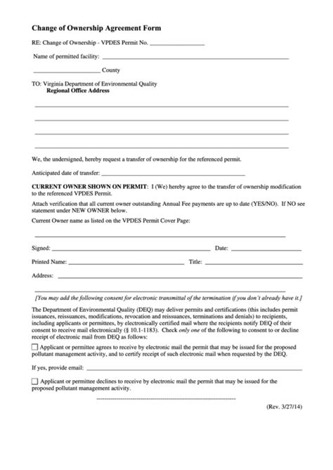 Change Of Ownership Agreement Form Printable Pdf Download