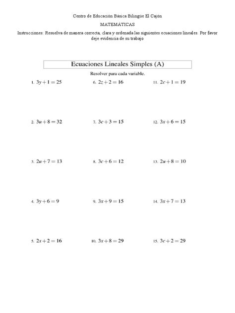 Ecuaciones Lineales Simples Pdf