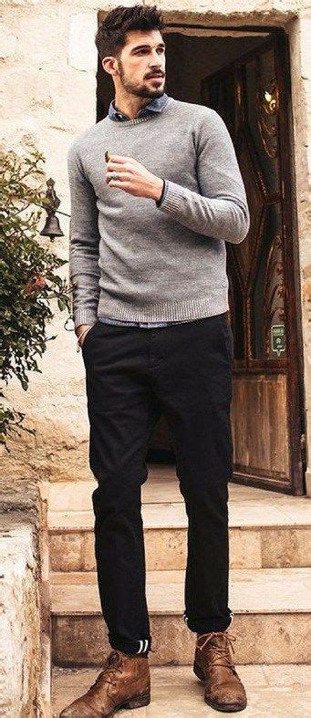 Grey Sweater Over Shirt Look Grey Sweater Outfit Sweater Outfits Men