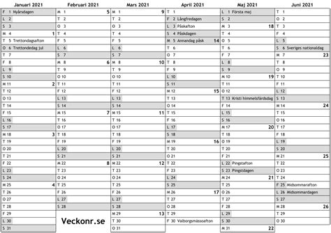 Kalender För 2021 Med Helgdagar Och Veckonummer Online Almanacka Med