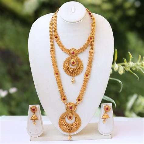 South Indian Gold Plated Ruby Haram Necklace Set Look Ethnic