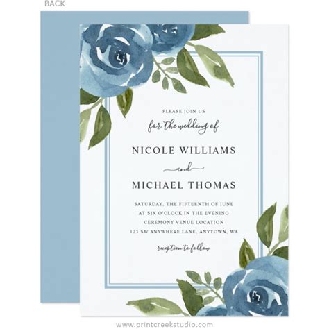 Dusty Blue Watercolor Floral Wedding Invitations Print Creek Studio Inc