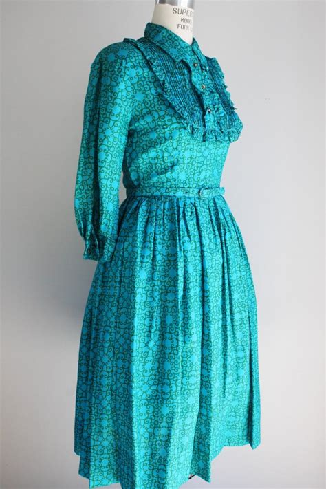 vintage 1960s dress with belt turquoise blue fit and flare etsy