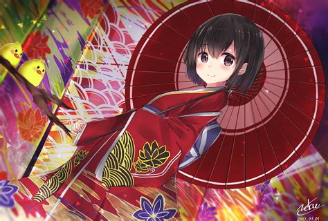Download 1919x1298 Anime Girl Kimono Smiling Short Hair Brown Hair Wallpapers Wallpapermaiden