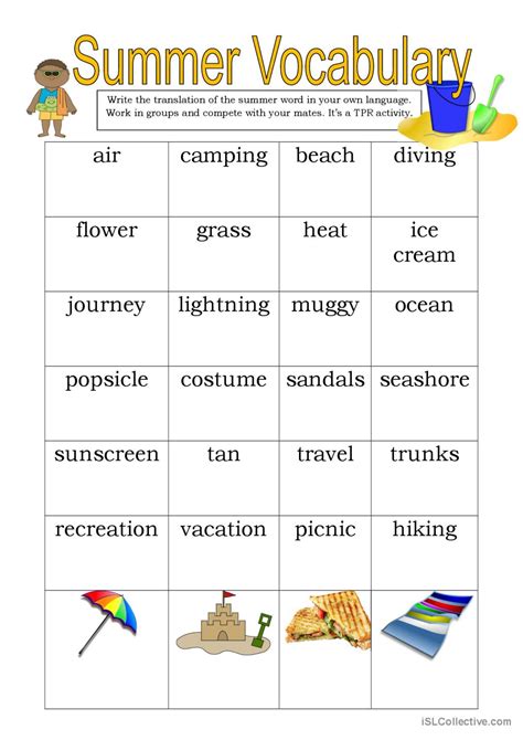 summer vocabulary warmer filler… english esl worksheets pdf and doc