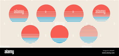 sunset collection set of retro graphics with sun dipped in sea 80s collection of vector