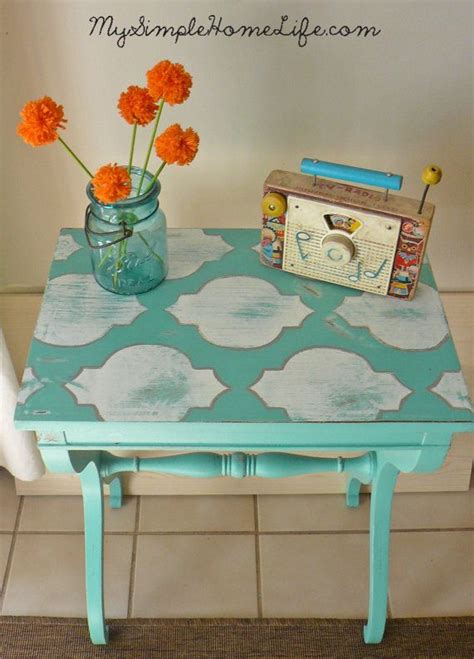 Stenciled Side Table Painted In Aqua Stencil Diy Furniture Diy
