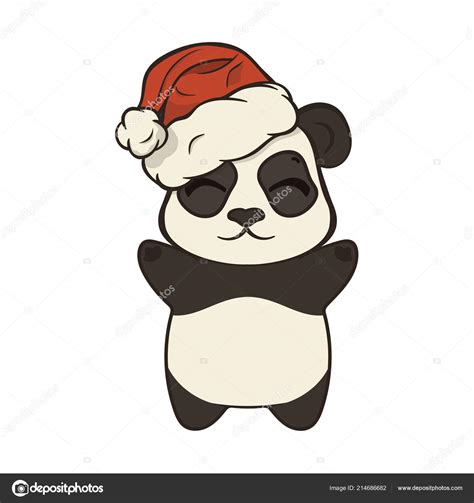 Cute Christmas Cartoon Panda Bear Character Santas Hat Pompon Vector