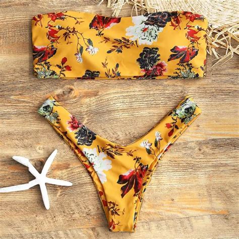 Klv Bikini Mustard Floral Bandeau Thong Bikini Set Padded Womens Swimsuit Two Piece Swimwear