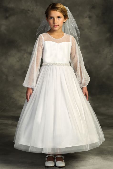 Long Sleeve Pearl Sash First Communion Gown 516 Sparkly Gowns