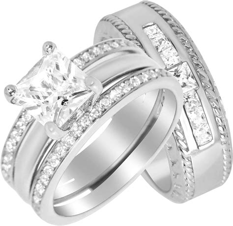 His Hers Wedding Ring Sets Sterling Silver Wedding Bands For Him Her