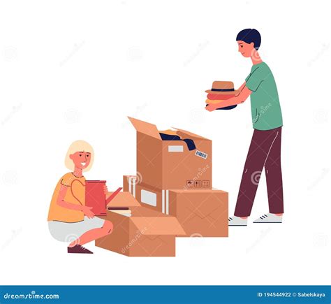 Man And Woman Packing Boxes For House Moving Flat Vector Illustration