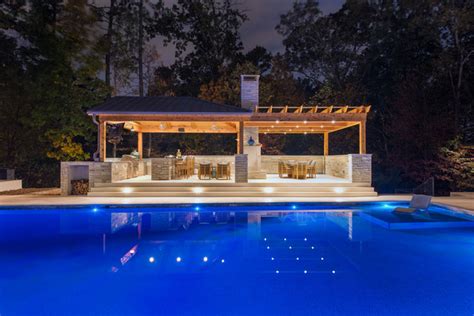 Large Contemporary Pool And Spacious Cabana With Fireplace Contemporary
