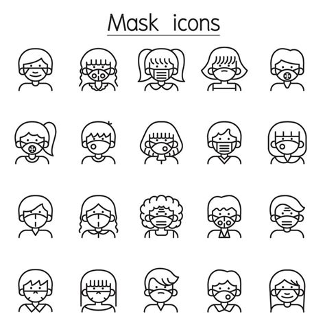 People In Medical Face Protection Mask Icons Set In Thin Line Style