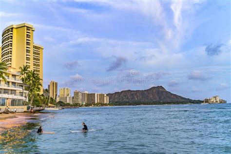 Colorful Waikiki Beach Surfers Swimmers Evening Diamond Head Honolulu