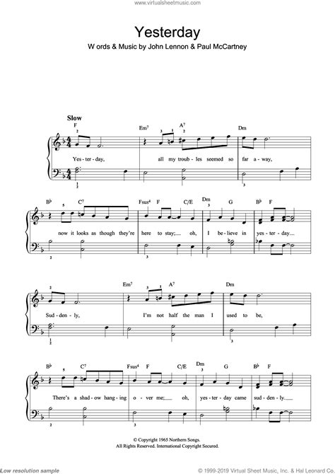 Free printable piano sheet music in classical, and popular styles. Beatles - Yesterday sheet music (beginner version 2) for ...