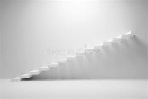 Ascending White Stairs Of Rising Staircase Going Upward In White Empty
